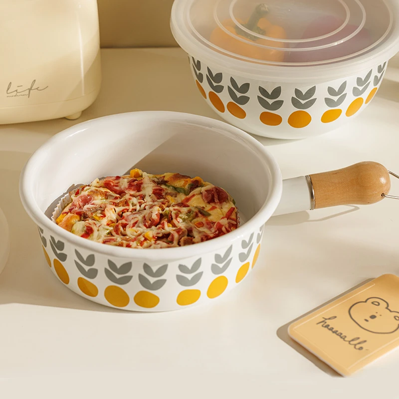 【颜值好物】20厘米  搪瓷木柄奶锅雪平锅芝士锅 橘子花 带保鲜盖