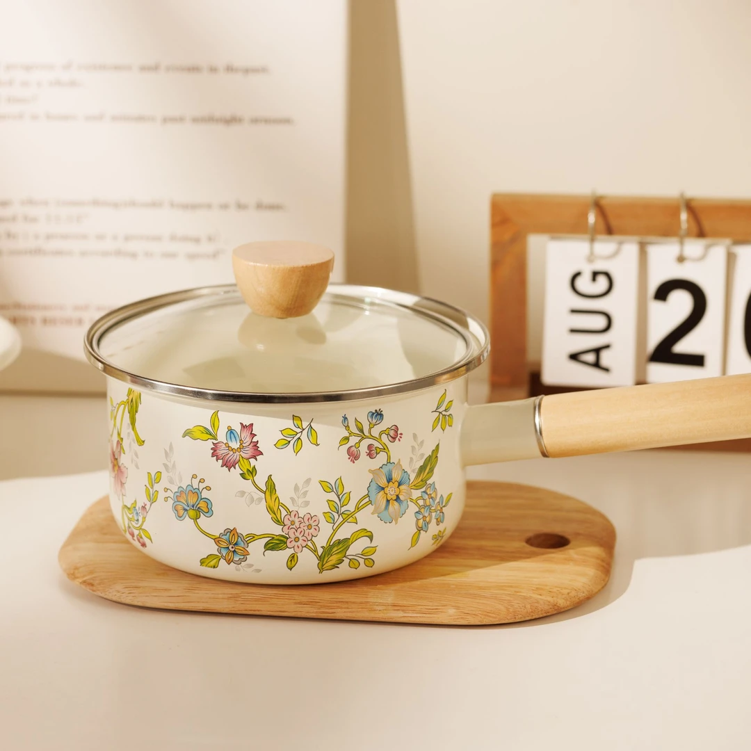 【设计师款】20厘米 2.5L 轻奢 搪瓷木柄奶锅 带盖 普罗旺斯花