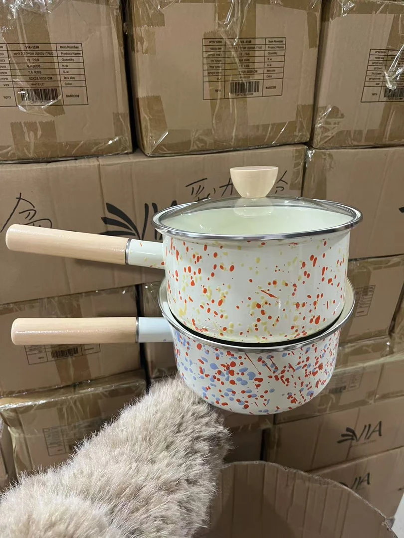 【设计师款】  20cm 轻奢 搪瓷木柄奶锅带盖 泼墨撞色系列