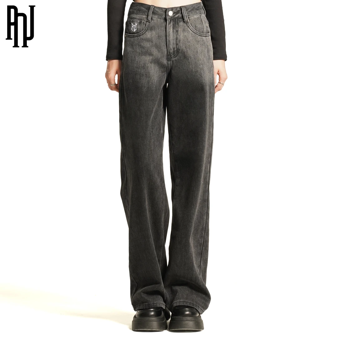 PNJ时尚休闲牛仔裤2024秋季新款潮流简约百搭美式直筒长款牛仔裤