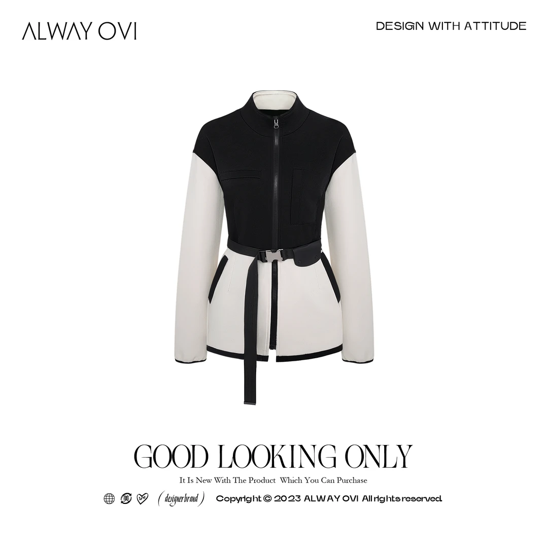 【ALWAY OVI】撞色拼接拉链收腰显瘦中长款外套-W90091107
