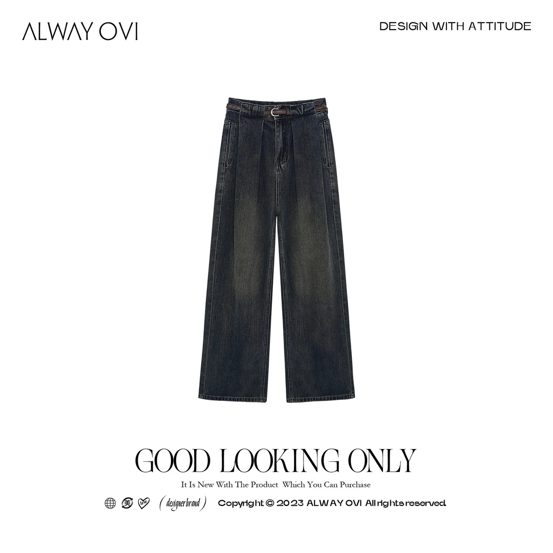 【ALWAY OVI 】设计感褶皱高腰直筒阔腿裤宽松显瘦牛仔裤-K90185192
