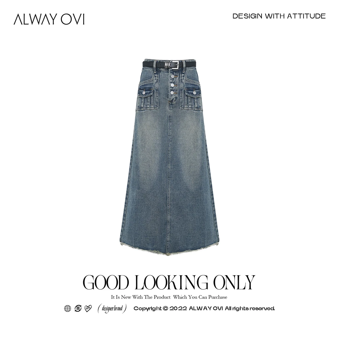 ALWAY OVI高腰带单排扣口袋A字显瘦牛仔中长款半身裙