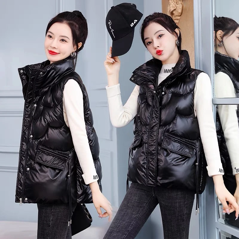 2024秋冬新款免洗亮面棉马甲女时尚休闲加厚马甲韩版宽松背心外套