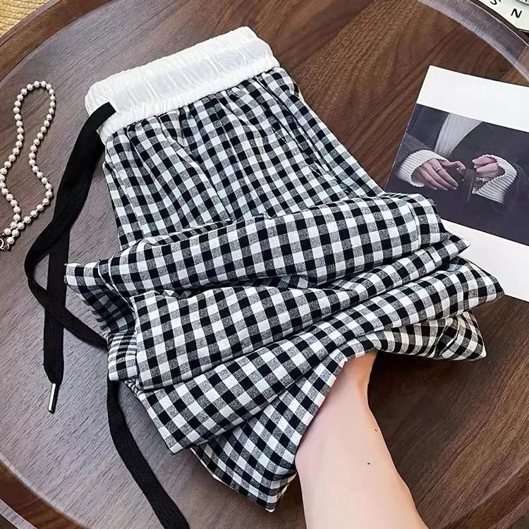 韩系复古百搭格子瘦版阔腿裤女夏薄款透气防蚊高腰显瘦休闲直筒裤