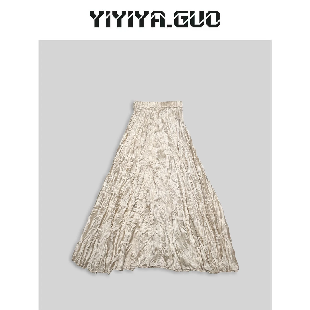yiyiya.Guo艺艺吖/杏色松紧腰压褶半裙2024926