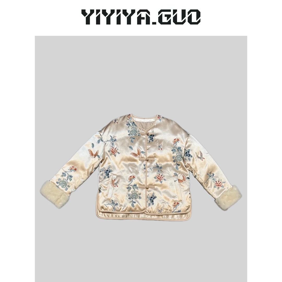 艺艺/YIYIYA.GUO刺绣开衫盘扣拼接蓝色毛边上衣WT0841