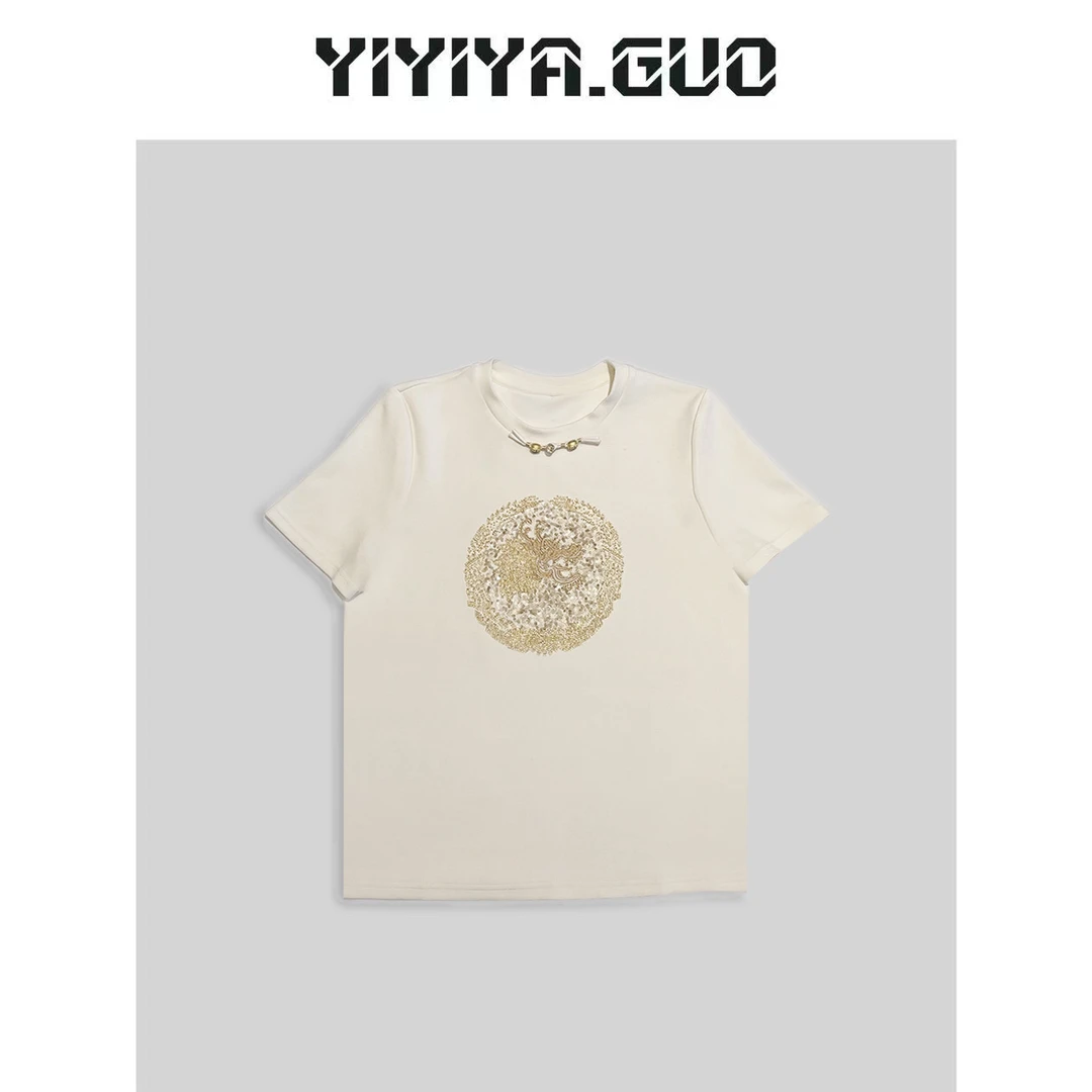 yiyiya.Guo艺艺吖/白色亮片图案短袖T恤2023222