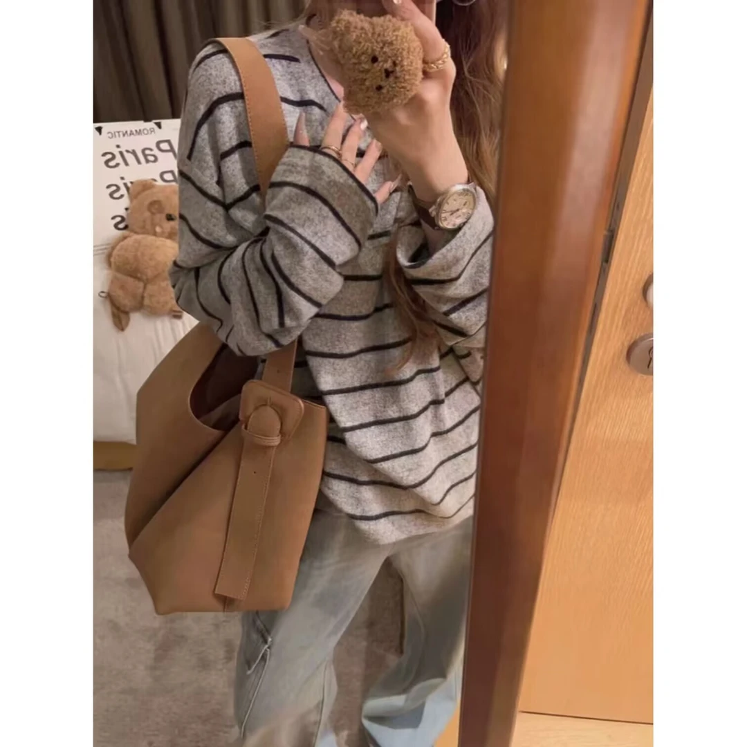 磨毛条纹长袖加绒内搭T恤女2024秋慵懒风宽松加厚打底衫秋冬