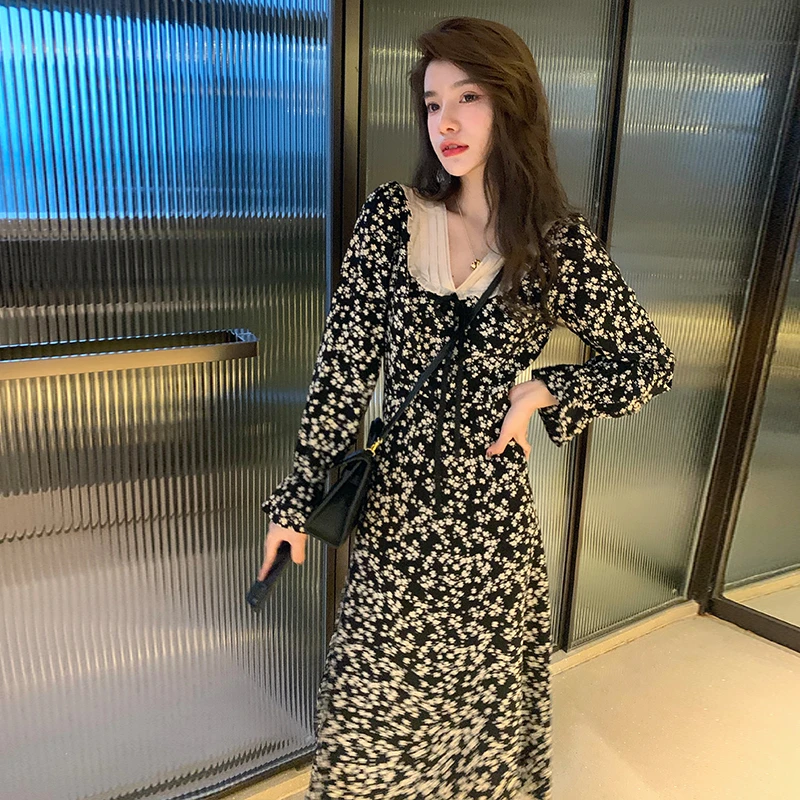法式复古仙气超仙森系长裙收腰显瘦中长款碎花连衣裙春秋季女装