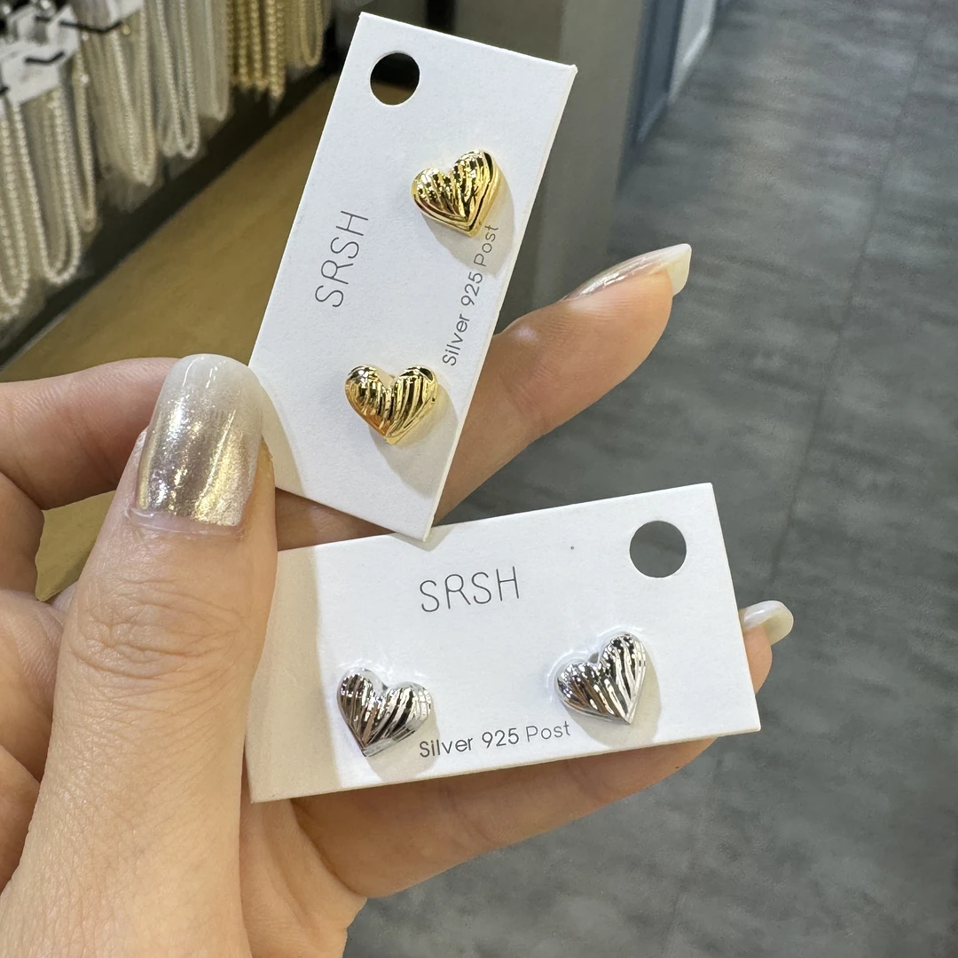 合金耳饰 很美貌！切面波光小爱心金银925银针耳钉简约百搭设计感