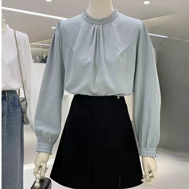 二哥二嫂【花边衬衫】时尚百搭灰蓝色手工花边衬衫