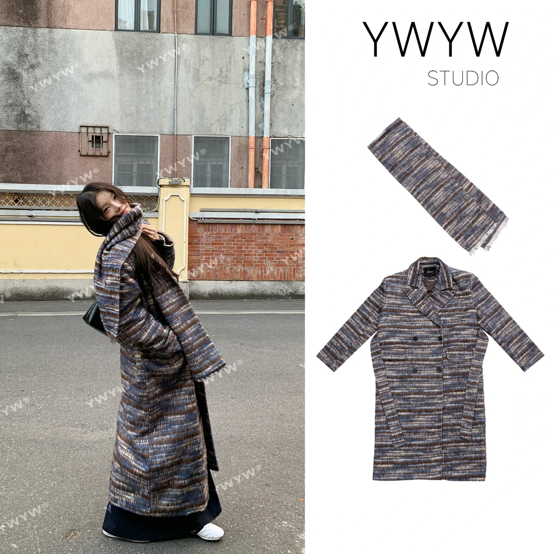 【未若柳絮因风起】气质花呢翻领大衣+束身绑带/拉毛围巾套装3307