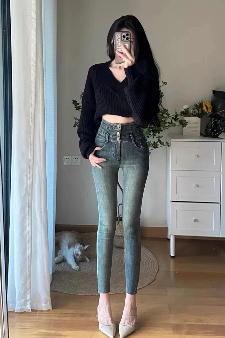 【五】2024春秋现款高腰修身弹力牛仔长裤韩版百搭