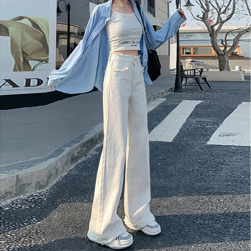 【现货现发】秋季毛边白色牛仔裤女冬季高腰宽松显瘦阔腿垂感牛仔裤