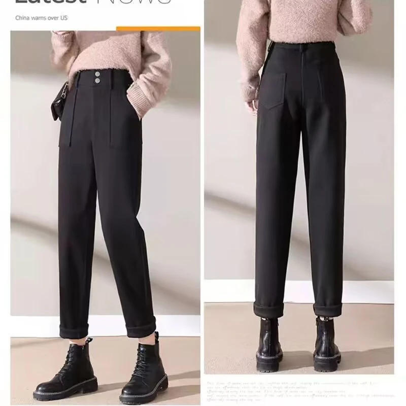 Q422加厚不加绒萝卜小脚毛呢大口袋双扣休闲裤