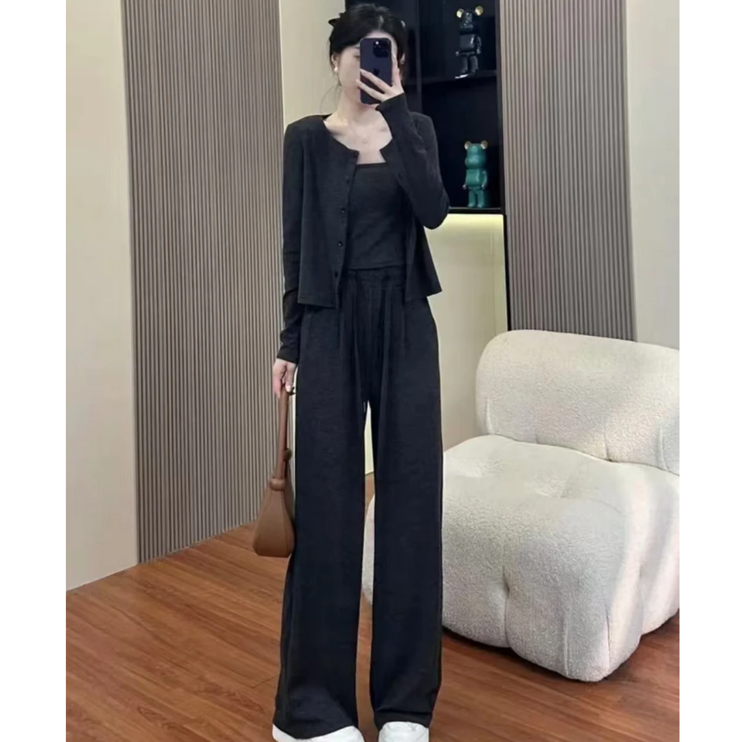 三件套新款休闲女套装秋季宽松开织衫外套松弛小吊带阔腿裤