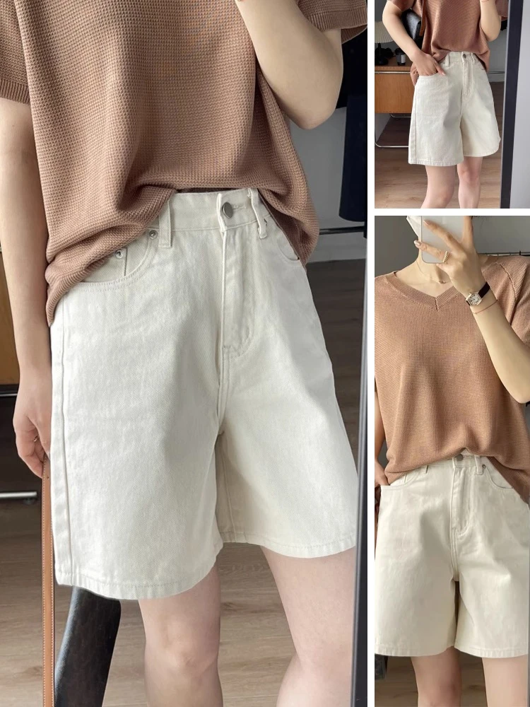 杏色牛仔短裤女夏季新款薄款高腰遮胯显瘦梨形身材a字阔腿五分裤