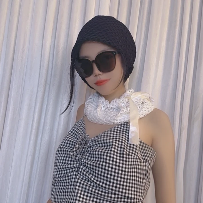 黑白格子时尚帽ins优雅简约大气百搭风格温柔可爱女士绑带包头帽