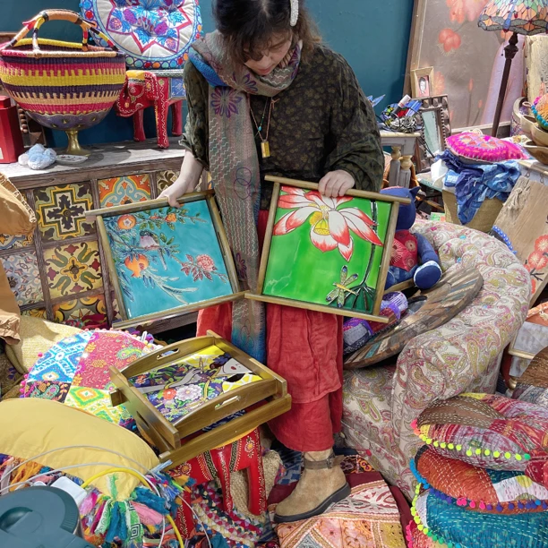 国版手绘茶盘老榆木