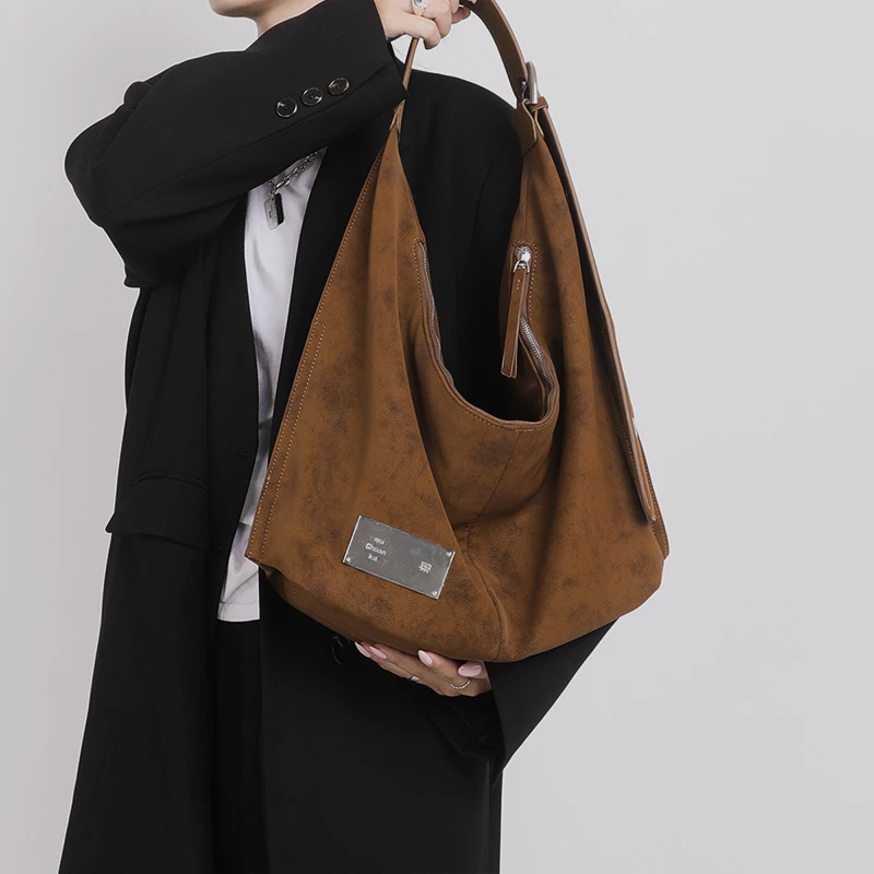 木川卡原创复古HOBO单肩包反绒磨砂质地托特包休闲百搭腋下包包