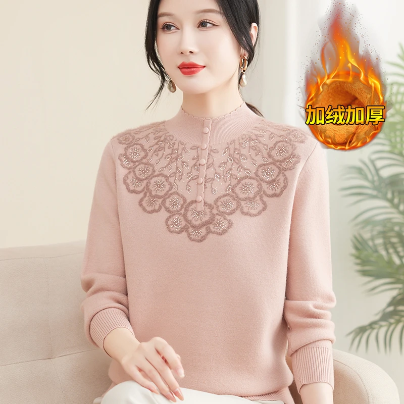 中老年女秋冬半高领加厚毛衣女洋气妈妈装一体绒内搭保暖上衣服