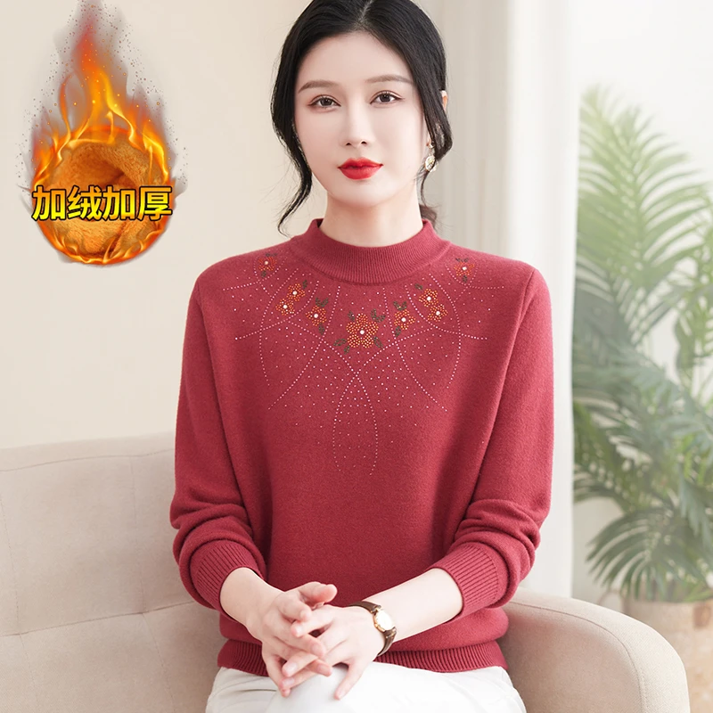 中老年人女装保暖打底衫上衣新款妈妈冬季加绒加厚半高领毛衣气质