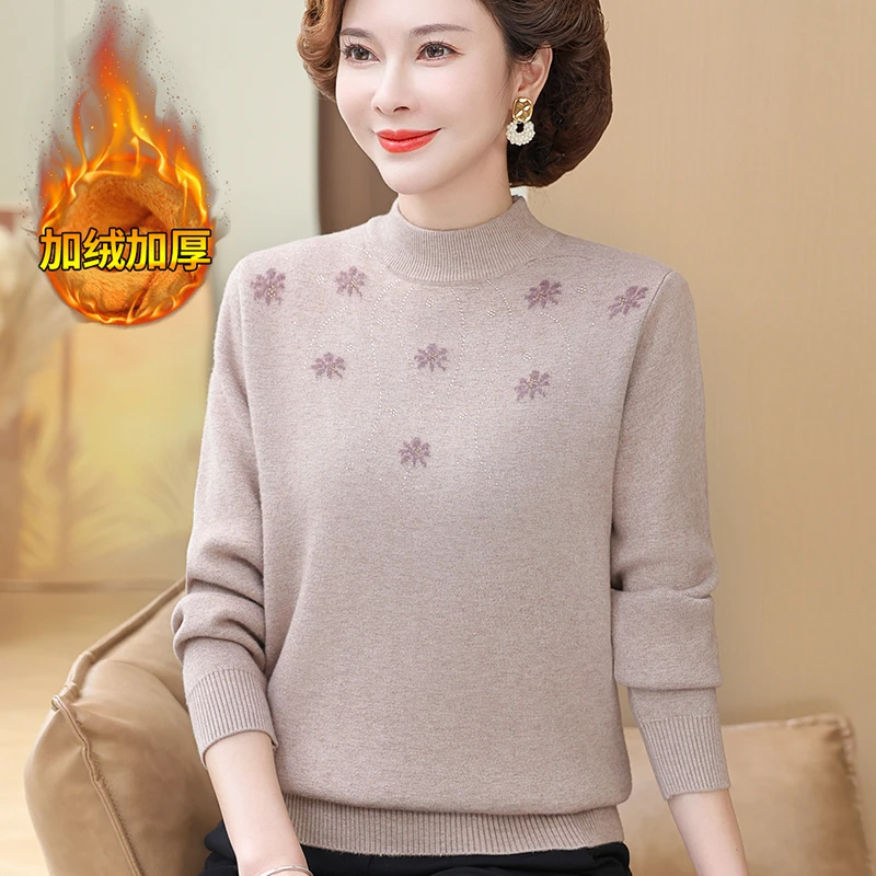 2024新款妈妈装秋冬季加绒保暖打底衫毛衣中老年人女一体绒上衣服