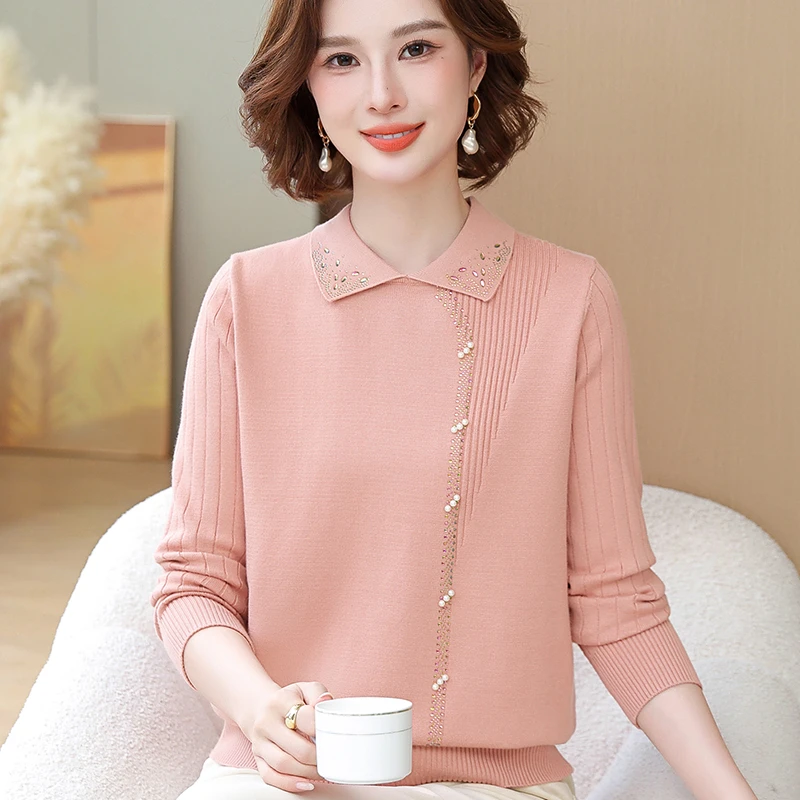 2024新款妈妈春装洋气针织衫上衣服中老年妇女秋冬季打底毛衣翻领