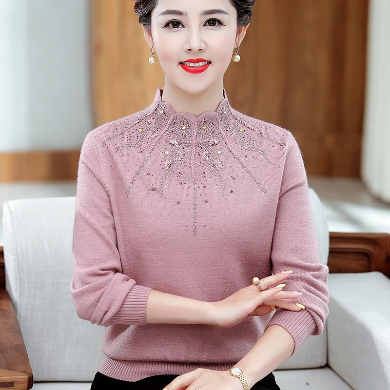 妈妈秋冬季毛衣女洋气40岁50半高领女装中老年加绒加厚保暖打底衫
