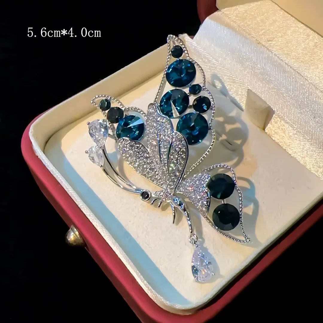 铜合金仿水晶胸针 重工轻奢施家蓝蝴蝶时尚高档胸针胸花