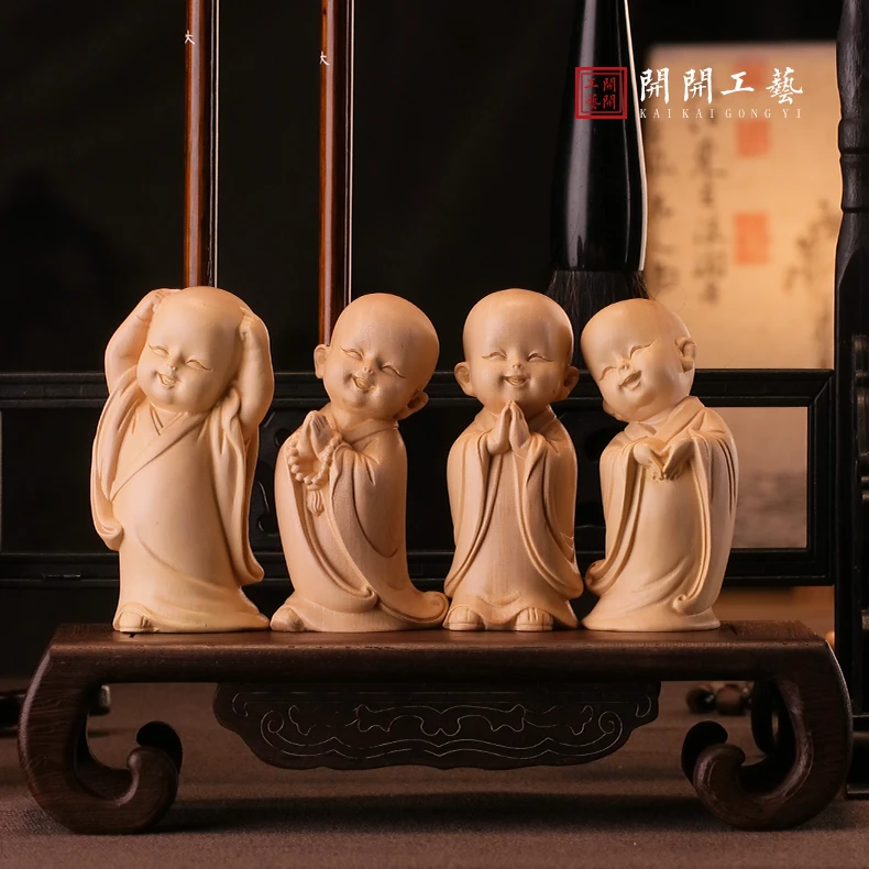 禅意四不和尚黄杨木雕非遗手工摆件一套小和尚Q萌车载茶桌把玩件