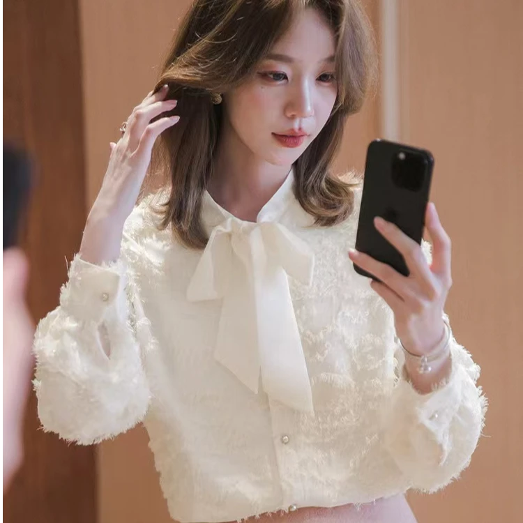 减龄蝴蝶结飘带流苏衬衫女2025秋季新款洋气百搭打底上衣女