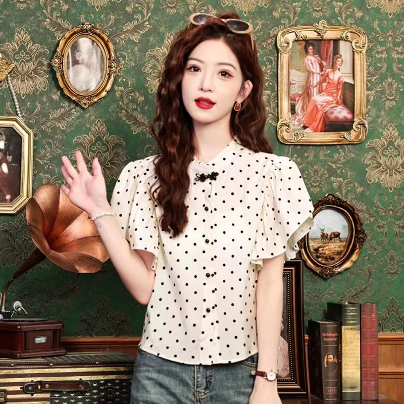 减龄中式风盘扣波点飞飞袖衬衫女2024夏季新款圆领宽松显瘦上衣