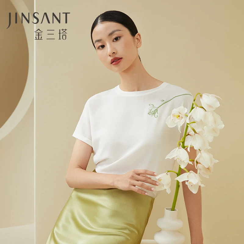 金三塔100%桑蚕丝玉兰花印花女上衣时尚舒适外穿T恤