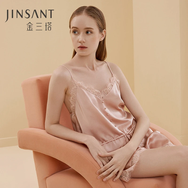 金三塔真丝睡衣吊带夏季蕾丝短裤衣裤套桑蚕丝性感美背薄款睡衣女