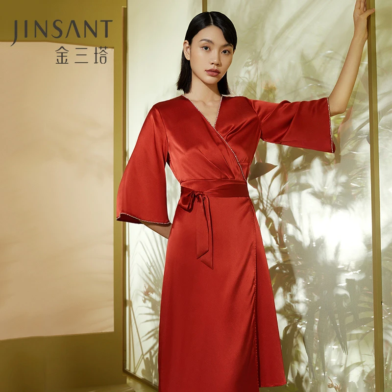 金三塔重磅19姆米桑蚕丝红色婚庆新娘伴娘晨袍钉珠美背真丝睡衣