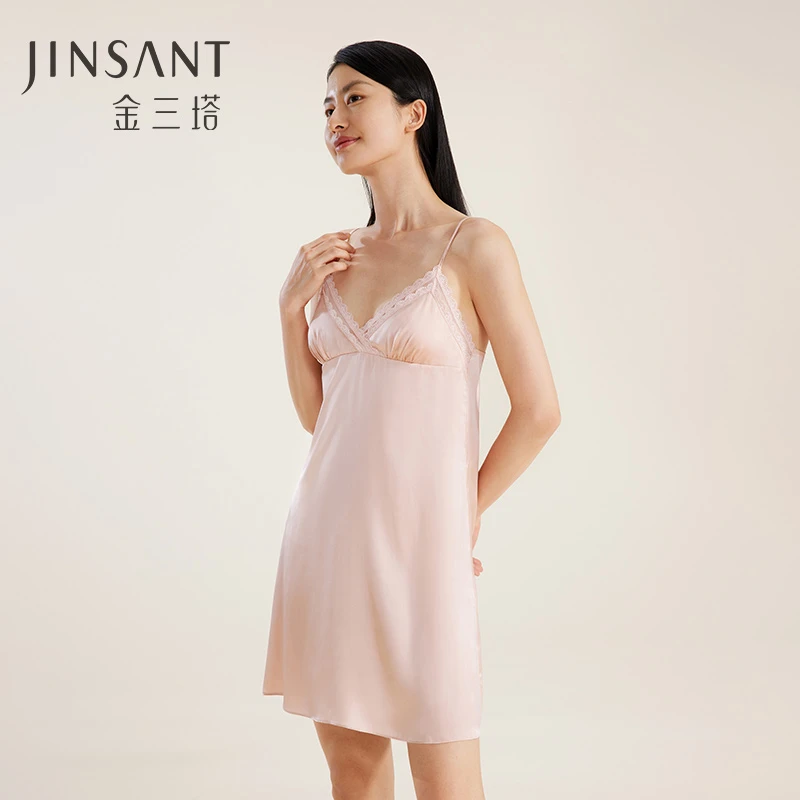 金三塔带胸垫免穿文胸睡裙女夏天凉感100%桑蚕丝真丝吊带睡衣