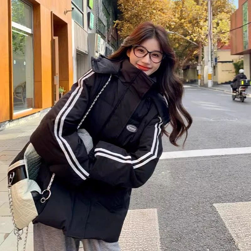 清廷心黑色羽绒服女冬季2023新款韩系宽松学院风情侣百搭连帽加厚