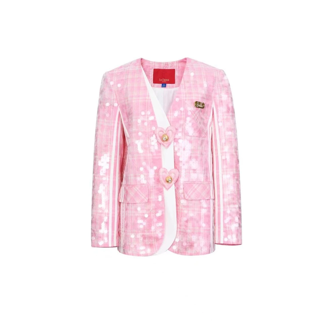 拉飞姆2023春 粉格子珠片绣爱心假两件外套LF23C61C21R026