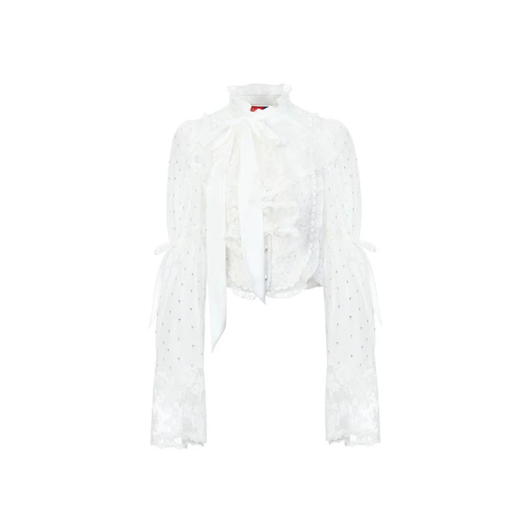 拉飞姆2024春 白色打揽飘带上衣LF24C11SB301