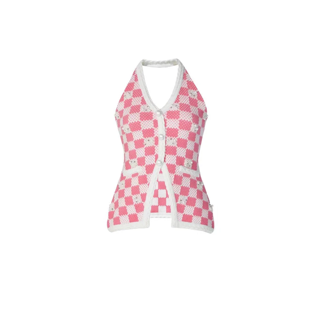 拉飞姆2024春 华丽千禧粉白盘格针织吊带背心LF24C61ZV107