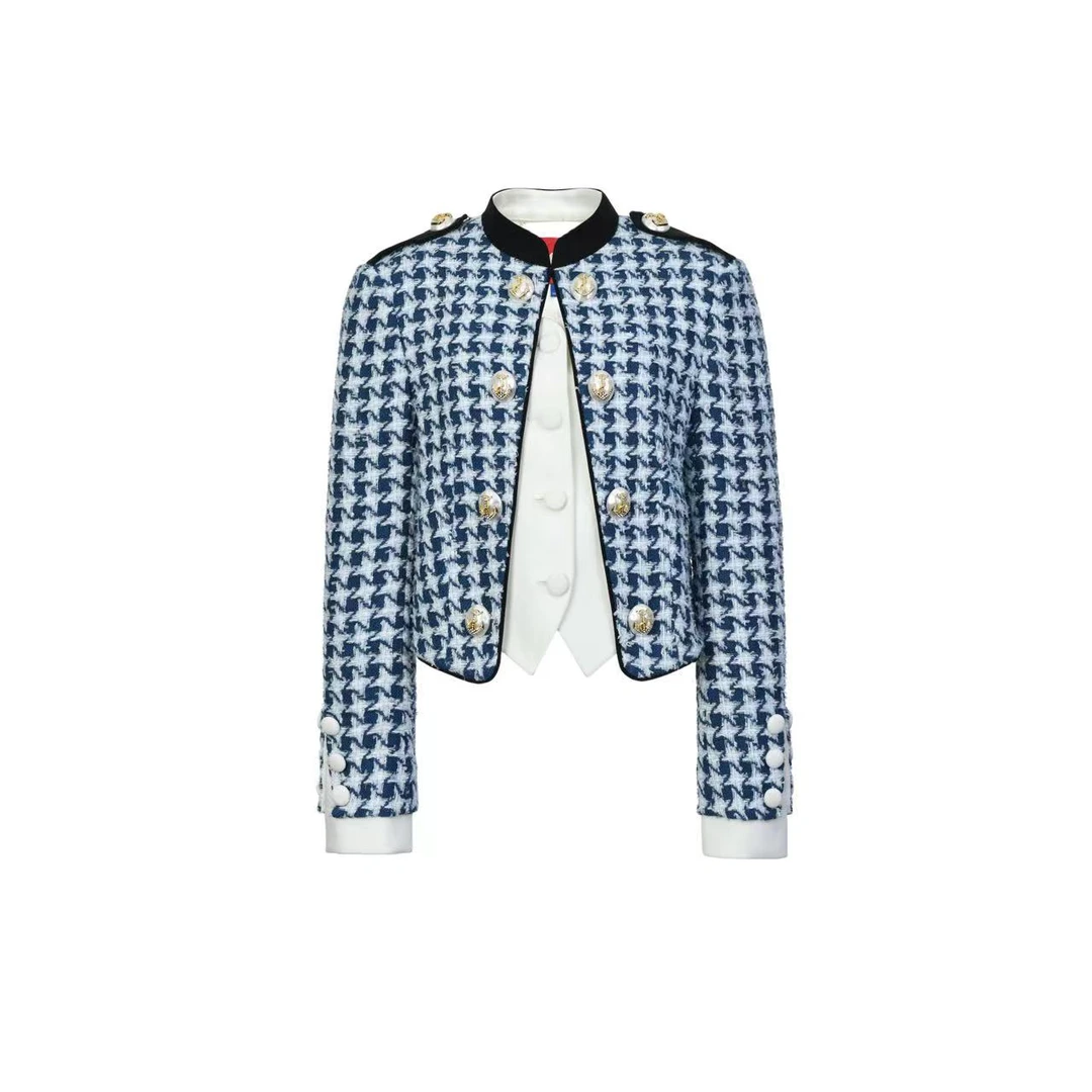 拉飞姆2024春 船锚珍珠扣蓝白格假两件短外套LF24C31SC011