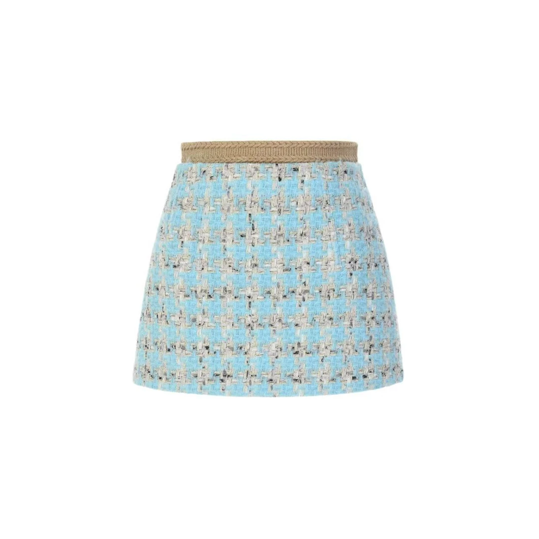 拉飞姆2024冬 蓝白格粗花呢半裙LF24D41SS126