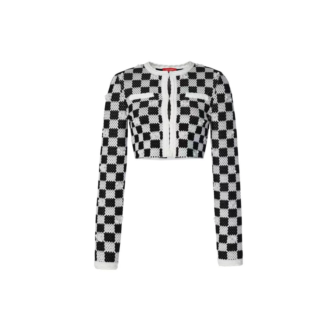 拉飞姆2024春 华丽黑白盘格短针织开衫LF24C61ZM144