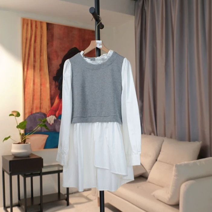 A003  中长款针织拼接假两件衬衫女  EW21Q1312A