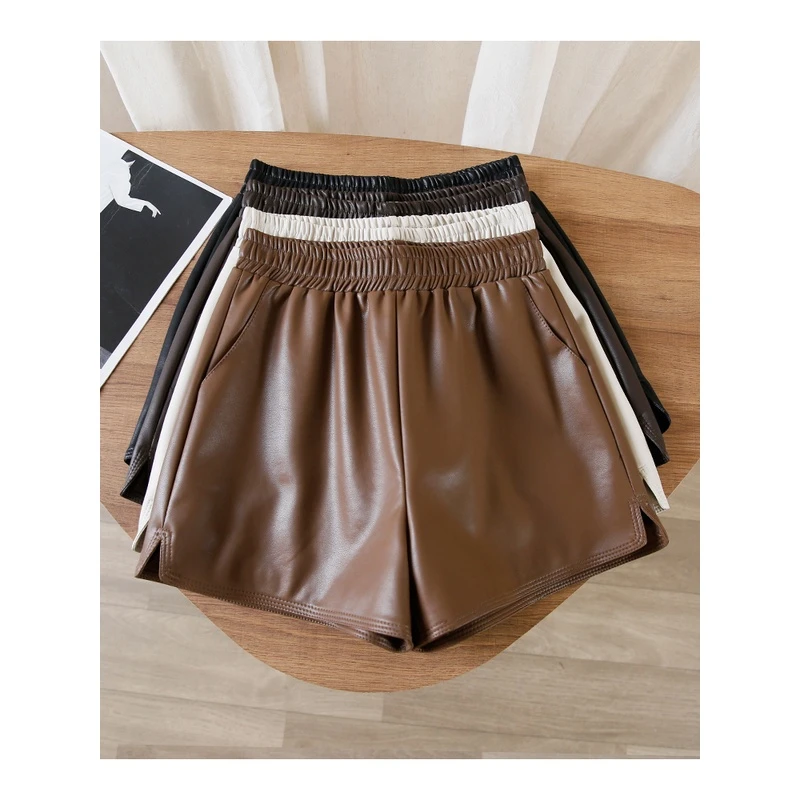 pu皮短裤女秋冬2023新款高腰宽松显瘦阔腿裤黑色外穿秋冬a字皮裤