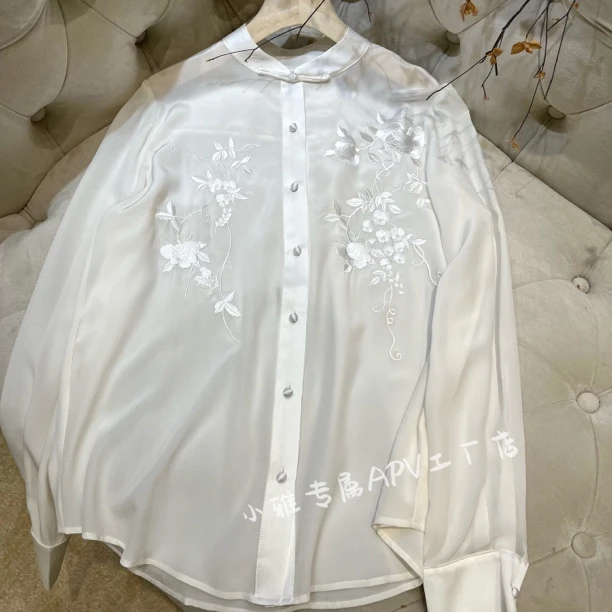白色真丝刺绣防晒衬衫女夏季薄款重工国风刺绣桑蚕丝新中式上衣