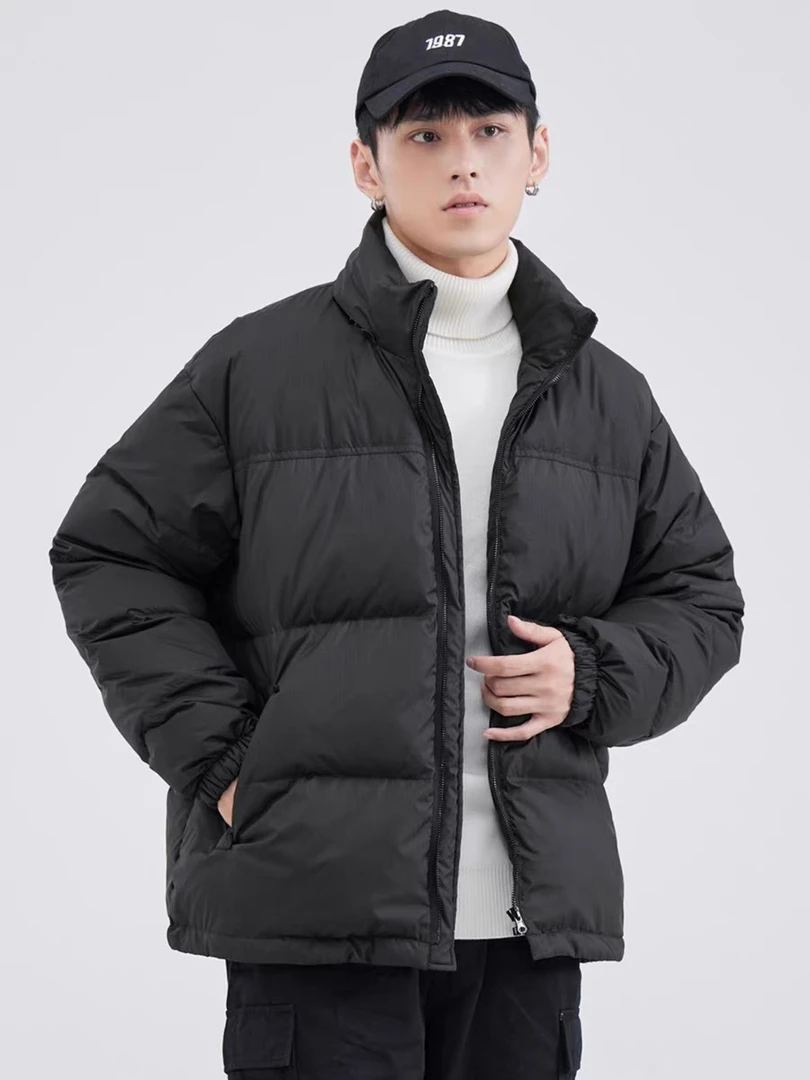 大码冬季新款羽绒服拼接插色立领宽松羽绒外套小季微胖男装