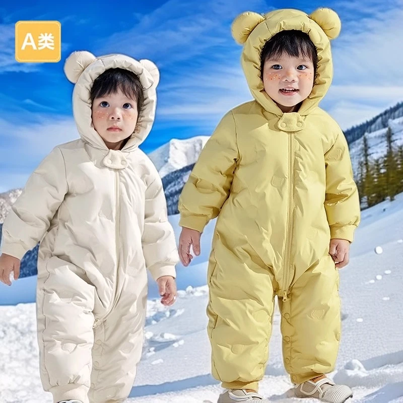 折扣婴儿羽绒服宝宝连体衣冬季外出抱衣连帽哈衣爬服冬装加厚款